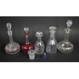 A Collection of 19th/20th Century Decanters to Comprise Globe and Stalk with Ruby Hexagonal Trim,