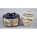 A Japanese Satsuma Potpourri Decorated with Figural Cartouches on Blue Ground Together with a