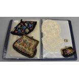 A Floral Embroidered Skull Cap, Two Tapestry Purses and a Ring Binder Containing Cross Stitching and