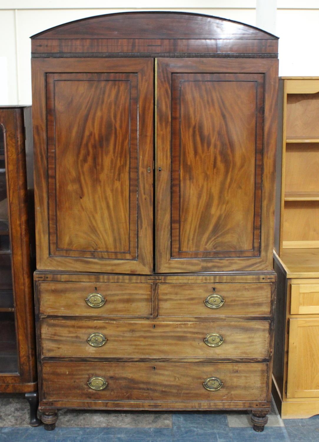 A 19th Century String Inlaid Mahogany Linen Press, the Base Section with Two Short and Two Long