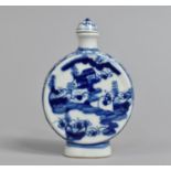 A Chinese Blue and White Snuff Bottle of Moon Flask Form Decorated with Village Scene, Leaf Mark