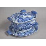 A Large English 19th Century Blue and White Tureen and Cover Having Scrolled Handles and Complete