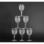 A Set of Six Large Wine Goblets Having Large Cut Glass Bowls on Faceted Stems Culminating to Star