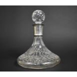 A Late 20th Century Cut Glass and Silver Collared Ships Decanter with Faceted Globular Stopper,