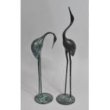 A Pair of Modern Chinese Patinated Bronze Studies of Cranes, 40cm and 53cms High