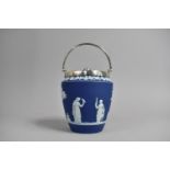 A Wedgwood Jasperware Portland Biscuit Barrel with Silver Rim and Cover Having Loop Handle,