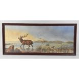 A Framed Watercolour Depicting Stag in Lake, 67x27cms