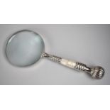 A Modern Desktop Magnifying Glass with Silver Plate and Mother of Pearl Banded Handle, 25.5cms Long