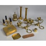 A Collection of Various Brassware to Include Cigarette Box, Candlesticks, Candelabra Sconces