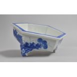 A Japanese Porcelain Blue and White Hexagonal Bowl/Incense Raised on Scrolled Bracket Feet, 22cm