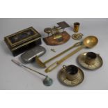 A Collection of Sundries to Include Brasswares, Repousse Work Cups and Saucers, Hip Flask etc