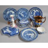 A Collection of Various 19th Century Blue and White to Comprise Shaped River Village Scene Tureen