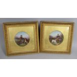 A Pair of Gilt Framed Circular Painted Porcelain Plaques, Young Boys with Sporting Dogs, Signed J