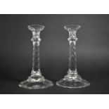 A Pair of Cut Glass Candlesticks Having Flared Holder Drip Trays Tapering to Faceted Columns