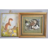 A Brass Framed Miniature Watercolour of a Weasel together with an Enamel on Copper of Kestrel Family