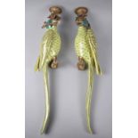 A Pair of Reproduction French Style Wall Hanging Candlesticks in the Form of Parrots in Porcelain