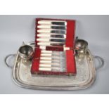 A Silver Plated Rectangular Tray, Cased Cutlery and Cream Jug, Sugar Bowl, Latter Missing One Foot