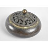 Circular Patinated Bronze Censer with Pierced Lid, 10.5cms Diameter