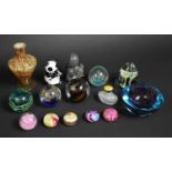 A Collection of Various Glass Paperweights etc Together with an Enamel and Silver Topped Perfume