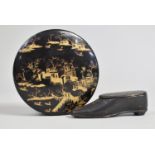 A Circular Chinoiserie Lacquered Box with Gilt Decoration, 9cms Diameter, together with a 19th