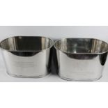 A Pair of Modern Silver Plated Champagne Wine Coolers of Oval Form with Inscribed Quotes from