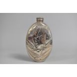 A Mid 20th Century Silver Plated Britannia Metal Oval Hip Flask Decorated in Relief with Swallows in
