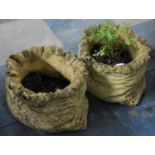 A Pair of Reconstituted Stone Patio Planters in the Form of Sacks