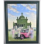A Framed David Kettley Oil on Canvas, Three Angels Beside Vintage Car, 45x59cms