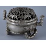 A Reproduction Chinese Silver Plated Censer with Pierced Lid and Faux Bamboo Supports, 4 Character
