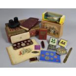 A Vintage Tin Containing Various Vintage and other Sundries to Comprise Coin Sets, Beatles Jigsaw,