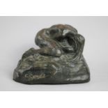 A Cast Resin Bronze Effect Sculpture of Female Nude Huddled on Rock, Signed Cavacos