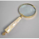 A Modern Large Desktop Magnifying Glass with Mother of Pearl Hexagonal Handle, 25cms Long