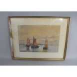 A Framed Impressionist Watercolour Depicting Fishing Barges, "Fishing Smacks Near Dartmouth" by Nora