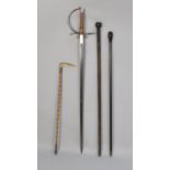 A Collection of Various Walking Canes, Small Crop and a Sword Assembled from Various Pieces