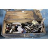 A Vintage Wooden Toolbox Containing Various Tools, Blow Torch, Manual Hand Drill, Hammers etc,