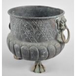 A Green Patinated Copper Two Handled Lion Mask Planter on Three Claw Feet, 23cms Diameter