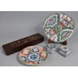 A Collection of Oriental Items to Comprise Chinese Famille Rose Plate, Japanese Imari Dish, Two Blue