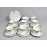 A Windsor Bone China Art Deco Tea Set Decorated with Floral and Blue Trim, Comprising Six Cups,