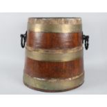 A Mid 20th Century Brass Bound Coopered Coal Bucket with Wrought Iron Ring Carrying Handles,