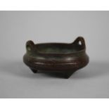 A Small Two Handled Circular Bronze Chinese Censer with Seal Mark to Base, 6cms Diameter