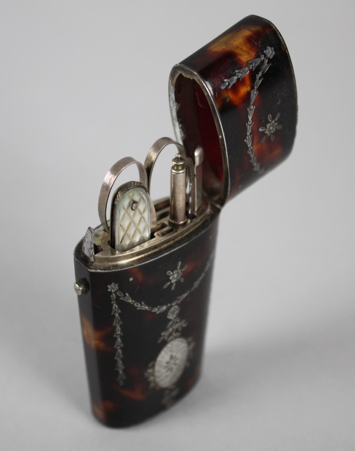 A Georgian Silver Inlaid Tortoiseshell Ladies Necessaire, Case of Oval Form Containing Various - Image 2 of 5