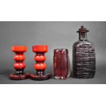 A Pair of Two Tone Glass Vases, Red and White Inner of Knopped Form Together with a Bubble Glass