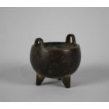 A Small Chinese Bronze Two Handled Censer with Four Character Mark to Base, 5cms Diameter