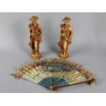 A Pair of Moulded Resin Oriental Figures together with a Painted Fan (AF)