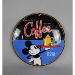 A Reproduction Enamel Style Comvex Circular Sign for Mickey's Coffee, Disney Blend, 29cms Diameter