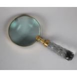 A Modern Brass and Faceted Glass Handle Desktop Magnifying Glass, 22cms Long