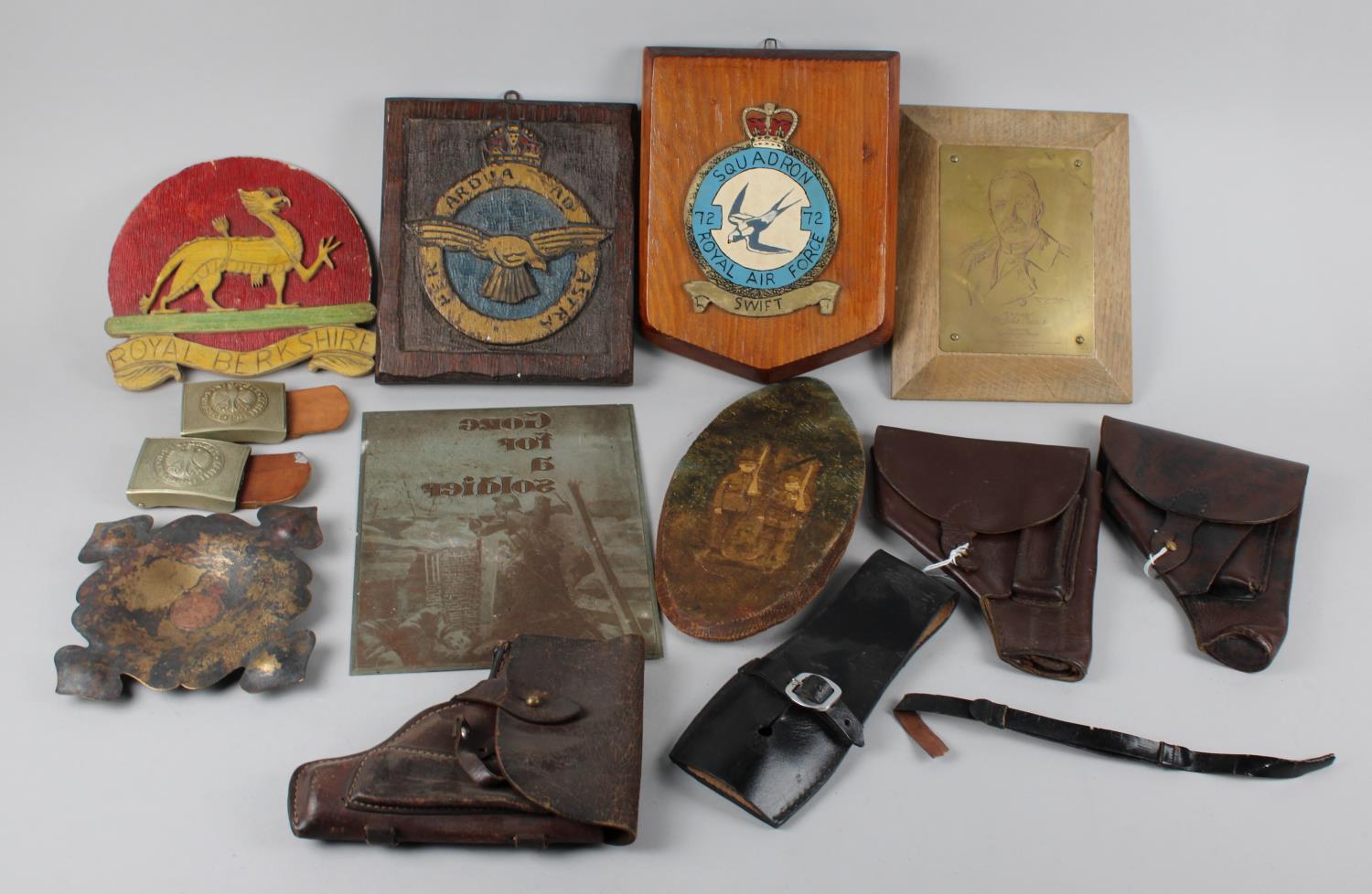 A Collection of Various Militaria to include Leather Holsters, Squadron Plaques, Trench Art Bowl,