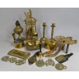 A Collection of Various Brassware to Comprise Bedchamber Sticks, Fire Companion, Candlesticks Etc