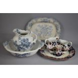 A Collection of Various Transfer Printed Ceramics to Comprise Jug and Bowl, Platter, Jugs Etc