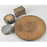 A French Bronze Effect Jewellery Casket with relief Decoration, Two Circular Boxes and an